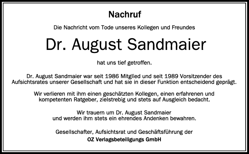  Traueranzeige für August Sandmaier vom 30.10.2021 aus Schwäbische Zeitung