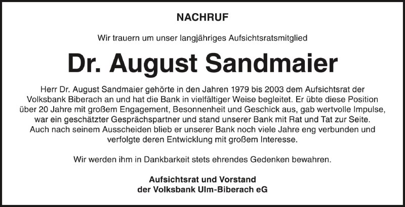  Traueranzeige für August Sandmaier vom 30.10.2021 aus Schwäbische Zeitung