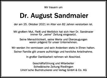 Anzeige von August Sandmaier von Schwäbische Zeitung