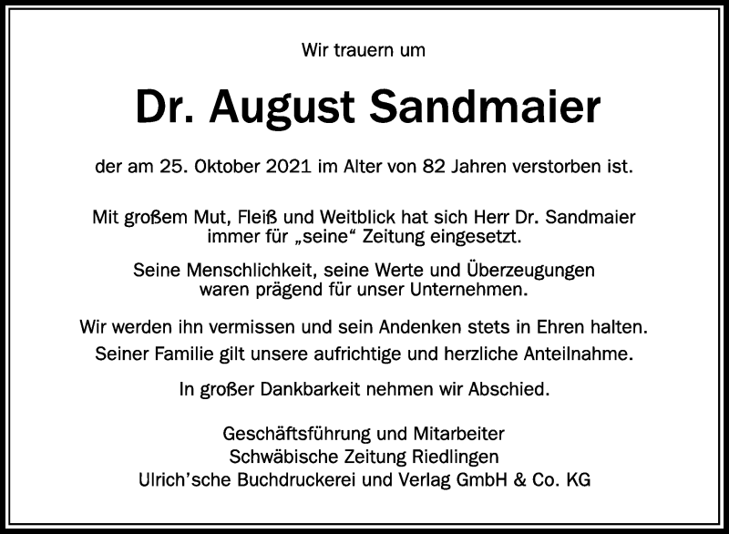  Traueranzeige für August Sandmaier vom 30.10.2021 aus Schwäbische Zeitung