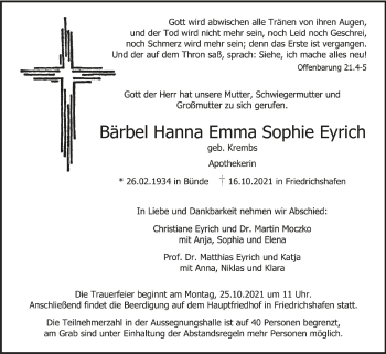 Anzeige von Bärbel Hanna Emma Sophie Eyrich von Schwäbische Zeitung