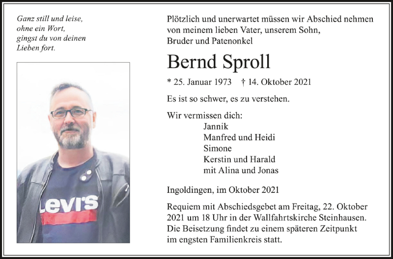  Traueranzeige für Bernd Sproll vom 20.10.2021 aus Schwäbische Zeitung