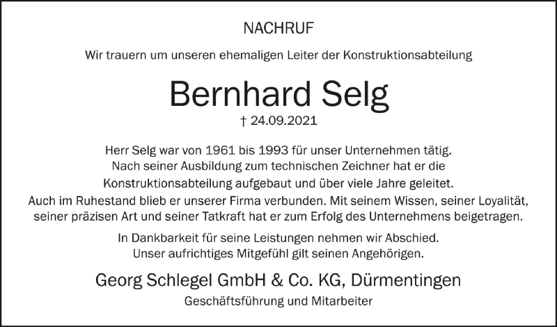  Traueranzeige für Bernhard Selg vom 02.10.2021 aus Schwäbische Zeitung
