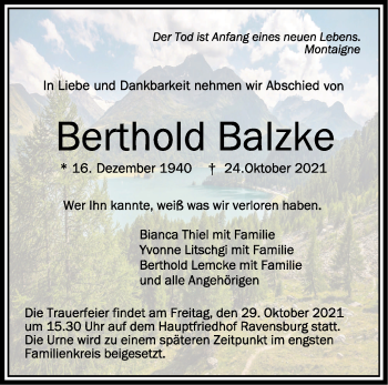 Anzeige von Berthold Balzke von Schwäbische Zeitung