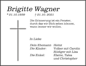 Anzeige von Brigitte Wagner von Schwäbische Zeitung
