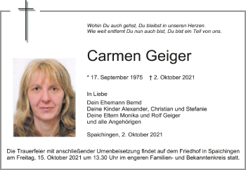 Anzeige von Carmen Geiger von Schwäbische Zeitung
