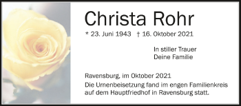Anzeige von Christa Rohr von Schwäbische Zeitung