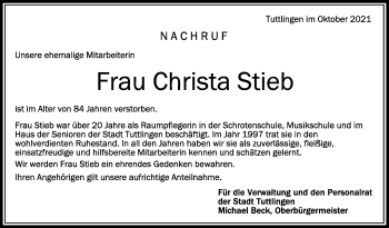 Anzeige von Christa Stieb von Schwäbische Zeitung