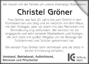 Anzeige von Christel Gröner von Schwäbische Zeitung