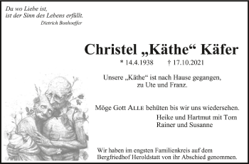 Anzeige von Christel Käfer von Schwäbische Zeitung