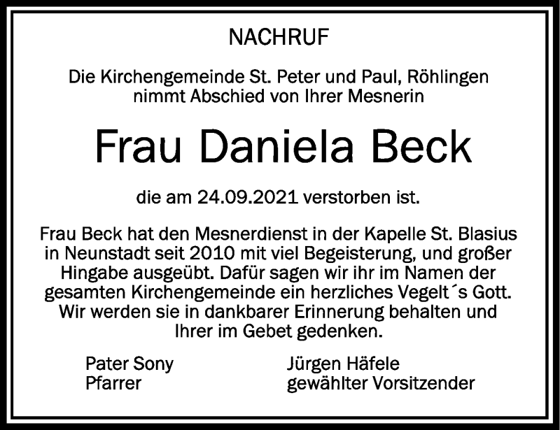  Traueranzeige für Daniela Beck vom 19.10.2021 aus Schwäbische Zeitung