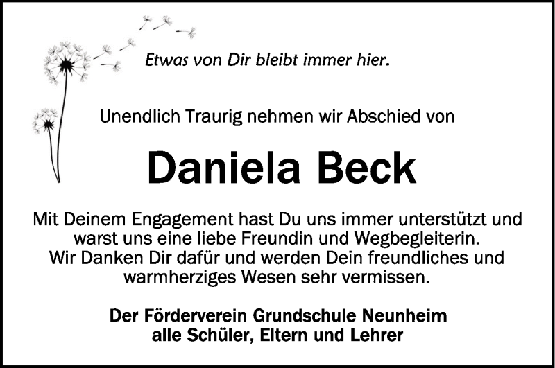  Traueranzeige für Daniela Beck vom 01.10.2021 aus Schwäbische Zeitung