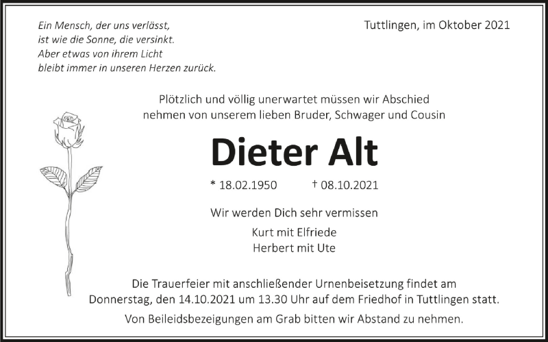  Traueranzeige für Dieter Alt vom 12.10.2021 aus Schwäbische Zeitung