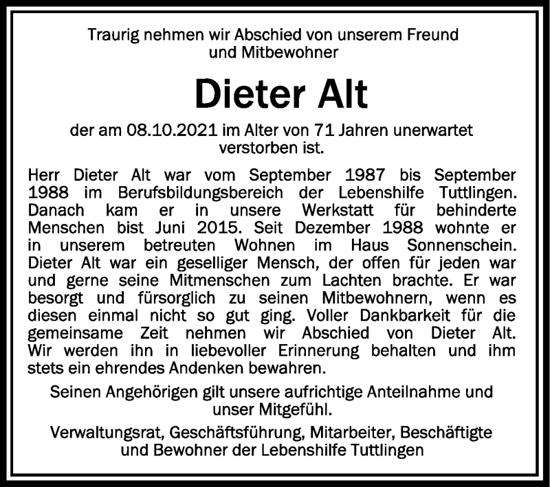  Traueranzeige für Dieter Alt vom 14.10.2021 aus Schwäbische Zeitung