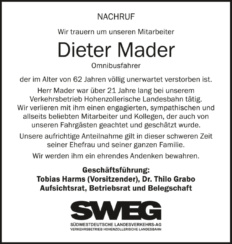  Traueranzeige für Dieter Mader vom 19.10.2021 aus Schwäbische Zeitung