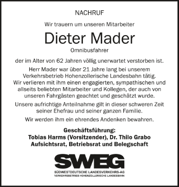 Anzeige von Dieter Mader von Schwäbische Zeitung