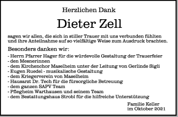 Anzeige von Dieter Zell von Schwäbische Zeitung