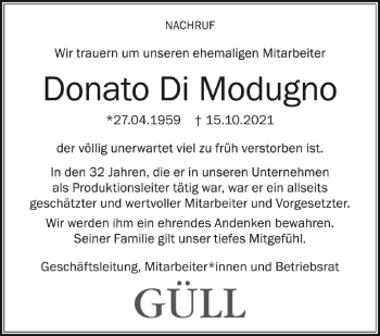 Anzeige von Donato Di Modugno von Schwäbische Zeitung