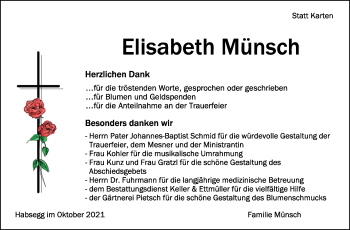Anzeige von Elisabeth Münsch von Schwäbische Zeitung