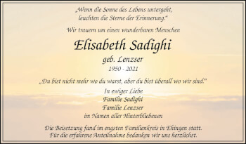 Anzeige von Elisabeth Sadighi von Schwäbische Zeitung