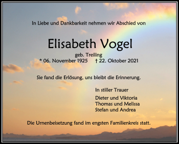 Anzeige von Elisabeth Vogel von Schwäbische Zeitung