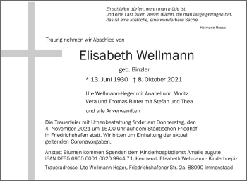 Anzeige von Elisabeth Wellmann von Schwäbische Zeitung