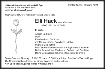 Anzeige von Elli Hack von Schwäbische Zeitung