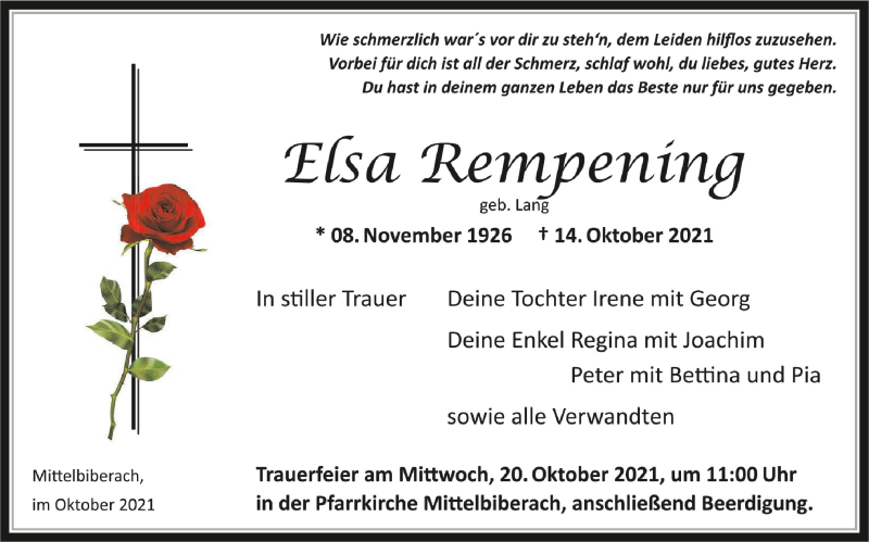  Traueranzeige für Elsa Rempening vom 16.10.2021 aus Schwäbische Zeitung