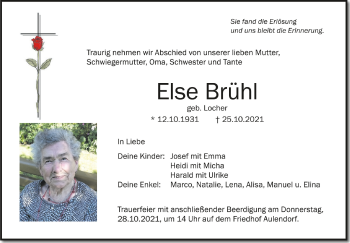 Anzeige von Else Brühl von Schwäbische Zeitung