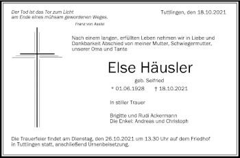 Anzeige von Else Häusler von Schwäbische Zeitung