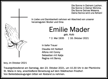 Anzeige von Emilie Mader von Schwäbische Zeitung