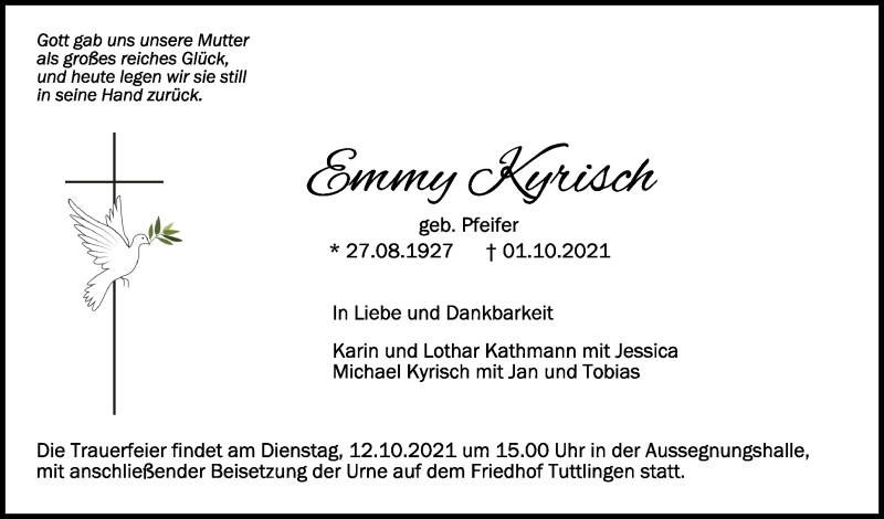  Traueranzeige für Emmy Kyrisch vom 09.10.2021 aus Schwäbische Zeitung