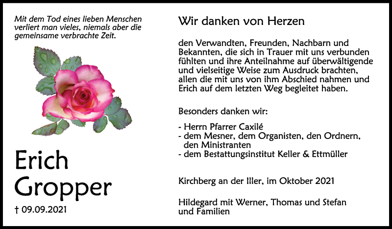  Traueranzeige für Erich Gropper vom 02.10.2021 aus Schwäbische Zeitung