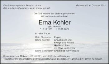 Anzeige von Erna Kohler von Schwäbische Zeitung