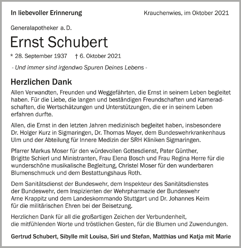  Traueranzeige für Ernst Schubert vom 29.10.2021 aus Schwäbische Zeitung