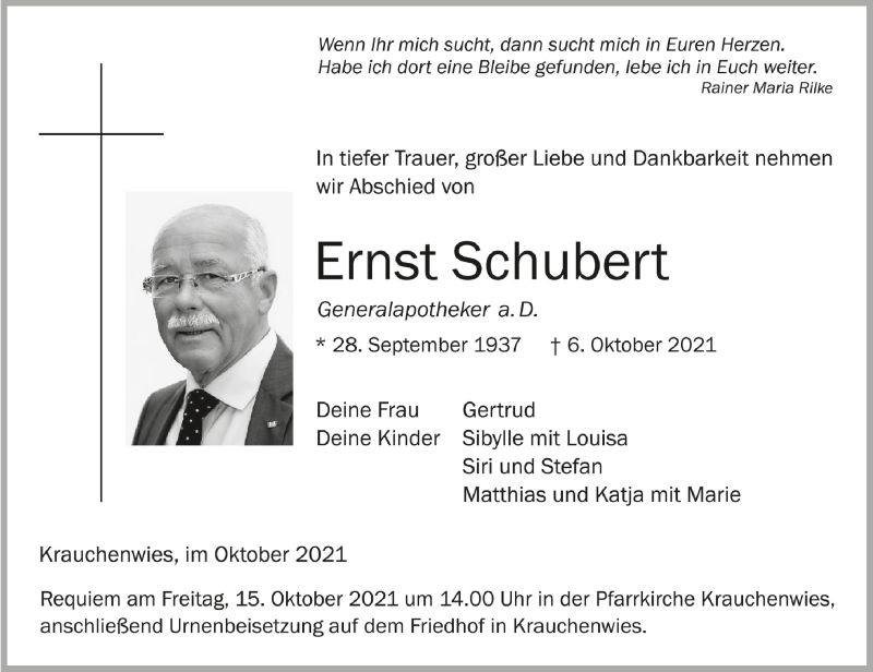  Traueranzeige für Ernst Schubert vom 13.10.2021 aus Schwäbische Zeitung
