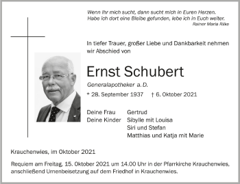 Anzeige von Ernst Schubert von Schwäbische Zeitung