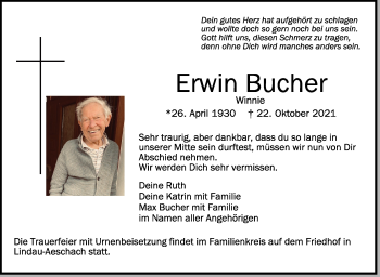 Anzeige von Erwin Bucher von Schwäbische Zeitung