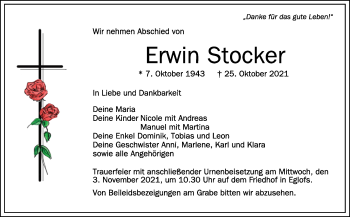 Anzeige von Erwin Stocker von Schwäbische Zeitung