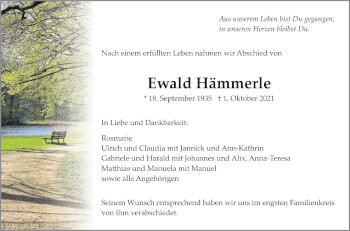 Anzeige von Ewald Hämmerle von Schwäbische Zeitung