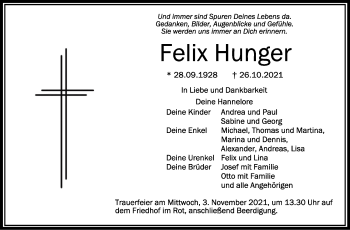 Anzeige von Felix Hunger von Schwäbische Zeitung