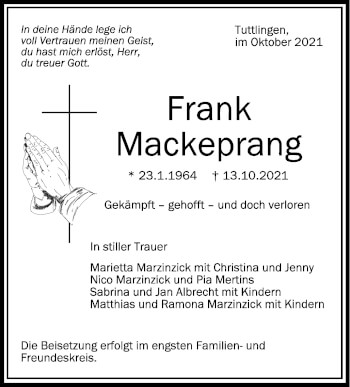 Anzeige von Frank Mackeprang von Schwäbische Zeitung
