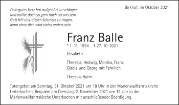 Anzeige von Franz Balle von Schwäbische Zeitung