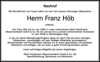 Anzeige von Franz Höb von Schwäbische Zeitung