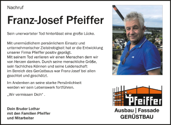 Anzeige von Franz-Josef Pfeiffer von Schwäbische Zeitung