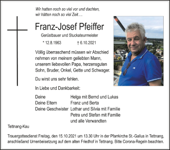 Anzeige von Franz-Josef Pfeiffer von Schwäbische Zeitung