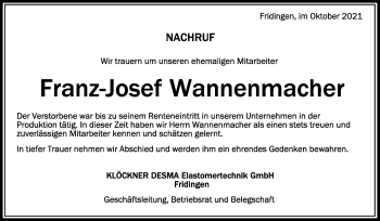 Anzeige von Franz-Josef Wannenmacher von Schwäbische Zeitung