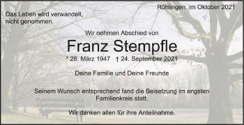 Anzeige von Franz Stempfle von Schwäbische Zeitung