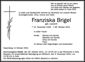 Anzeige von Franziska Brigel von Schwäbische Zeitung