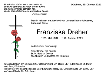Anzeige von Franziska Dreher von Schwäbische Zeitung